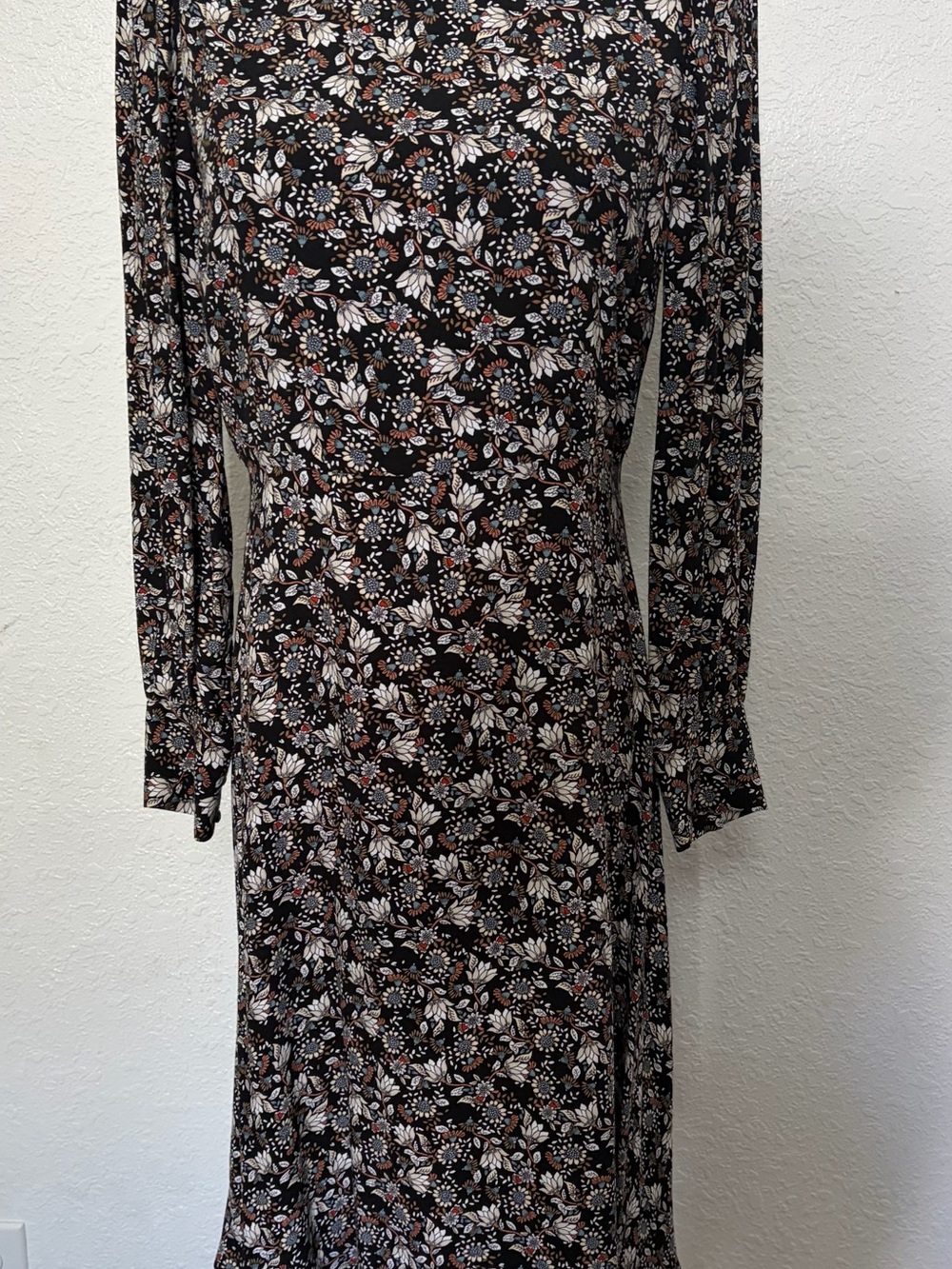 LOFT Black Floral Midi Dress with White and Tan Accents